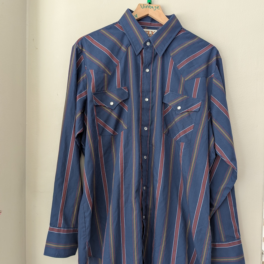 Ely Cattleman | Western Pearl Snap Shirt | Striped Blue | Men’s Large Vintage